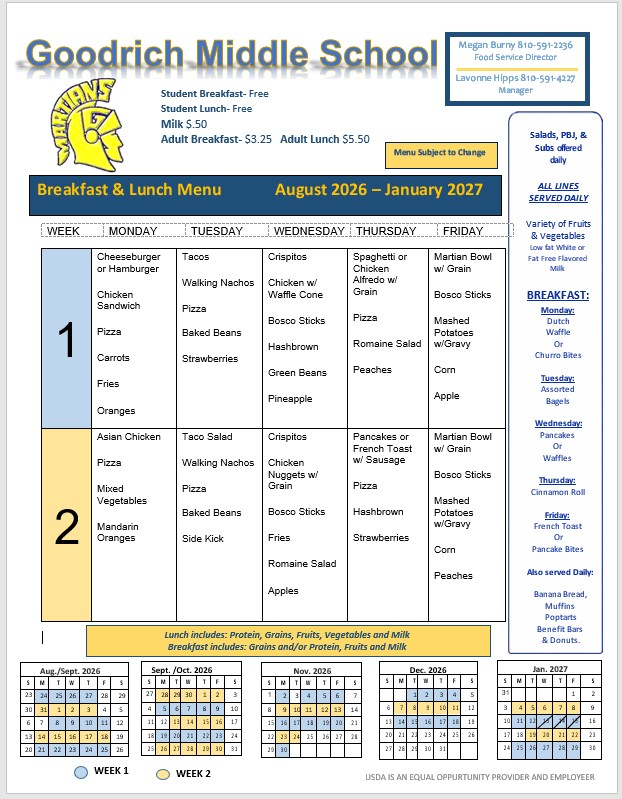 GMS breakfast and lunch menu